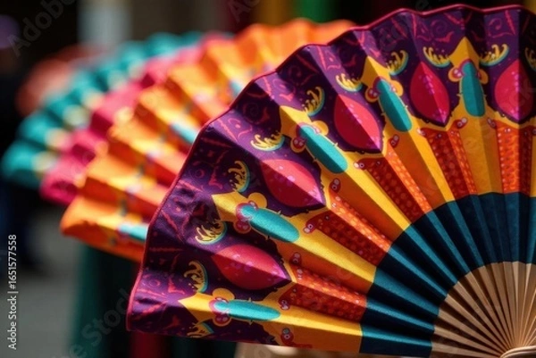 Obraz Close-up colorful flamenco fans, intricate Andalusian design, Granada, art, fiesta