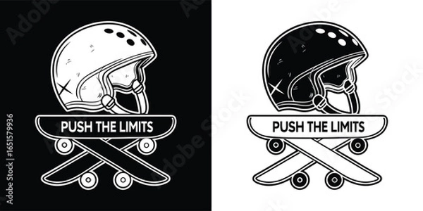 Fototapeta Two skateboards crossed with a helmet and push the limits banner, symbolizing extreme sports and motivation in a distressed graphic style