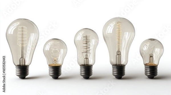 Fototapeta Five different light bulbs sit in a row against a plain white background, showcasing interior filaments