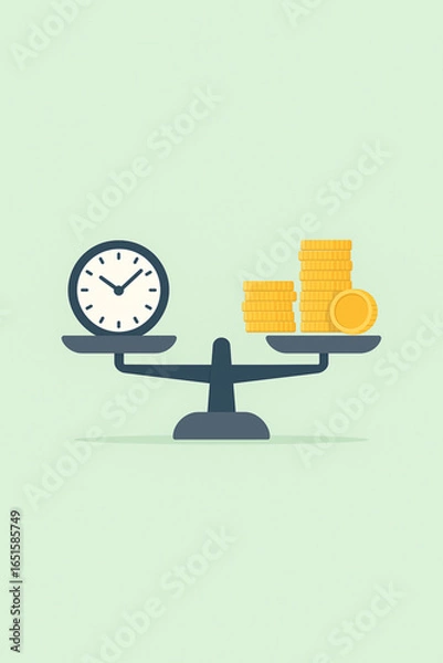 Fototapeta A concept of balance between time and money using a weighing scale. On one side, a clock represents time, while on the other side, stacks of gold coins symbolize money.  