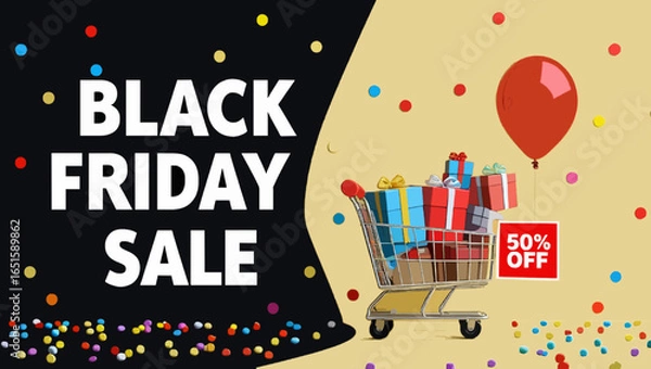 Fototapeta Black Friday sale banner with a shopping cart full of gifts and a balloon