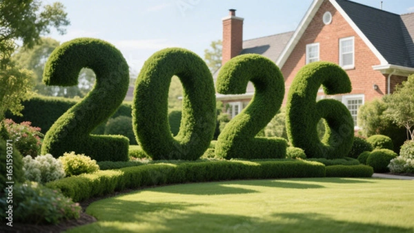 Fototapeta A beautifully manicured garden featuring large, sculpted topiaries shaped into the numbers 2026. Happy New Year, Happy New Year 2026, Merry Christmas And Happy New Year