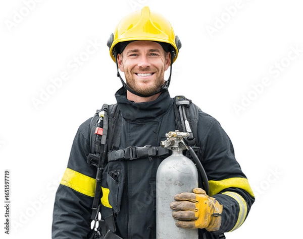 Fototapeta Heroic Firefighter holds oxygen tank. Smiling fireman wears helmet & uniform for safety, rescue operations, and emergency response scenes.