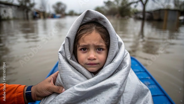 Obraz Flood victims need urgent assistance. A young girl wrapped in a blanket, looking concerned amidst a flooded environment.