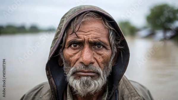 Obraz Flood victims need urgent assistance. A somber elderly man with a weathered face stands against a flood backdrop.