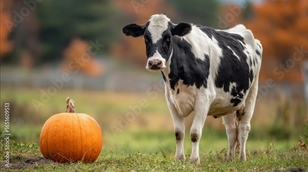 Fototapeta Autumn Pasture Scene With A Holstein Cow And Pumpkin