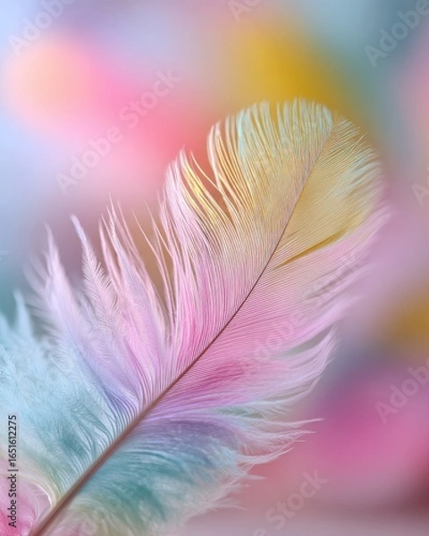 Fototapeta Pastel-hued feather, delicate and soft, against a blurred, vibrant background of pink, yellow, and teal