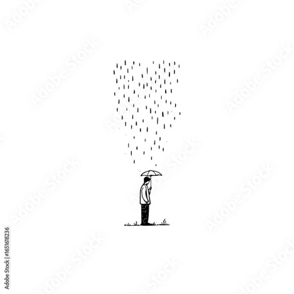 Fototapeta A minimalist drawing of a person standing under heavy rain holding an umbrella in a simple landscape