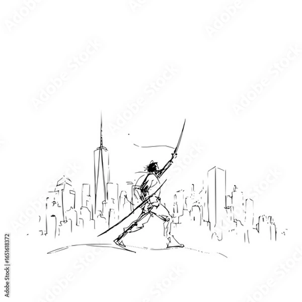 Fototapeta Sketch of a warrior with two swords standing triumphantly against the backdrop of a city skyline view