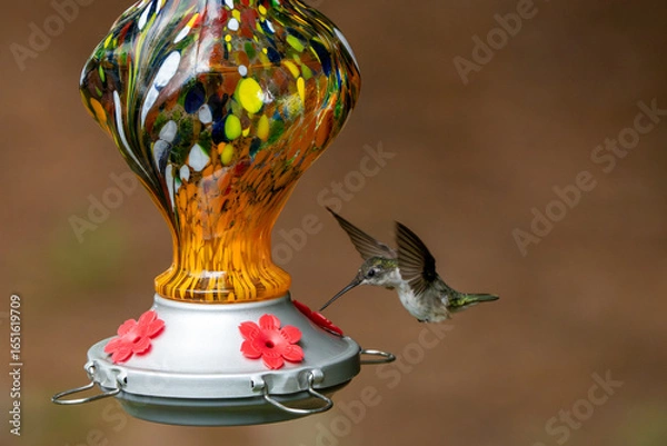 Obraz Small hummingbird in flight at an orange feeder.