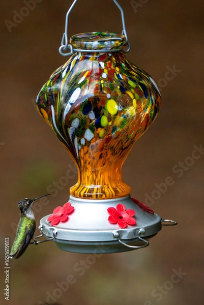 Obraz hummingbird on a stained-glass feeder.