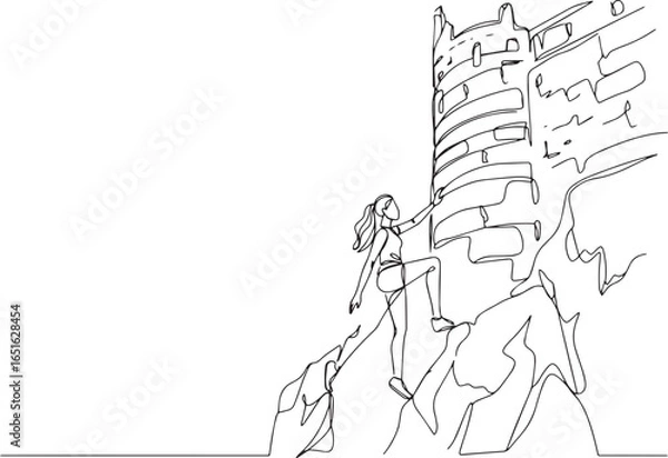 Fototapeta Continuous line drawing depicting woman scaling an architectural