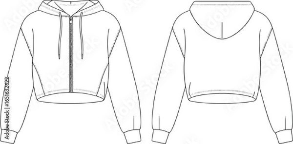 Fototapeta cropped hoodie front and back view, cad drawing flat vector illustration, zip front closure, drawstring hood, long sleeves cuffs, casual garment construction, apparel design template