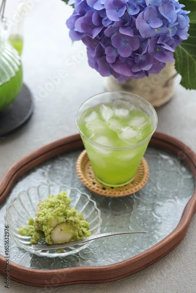 Obraz ずんだ餅と緑茶のおやつ