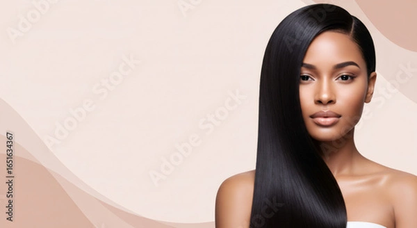 Fototapeta Young African American woman with shiny long black hair. Hair care, beauty and cosmetics banner. Studio shot with copy space.