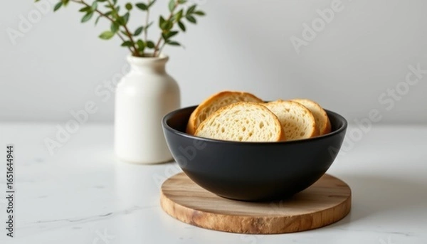 Fototapeta Minimalist Bread Bowl with Greenery and Wooden Platform