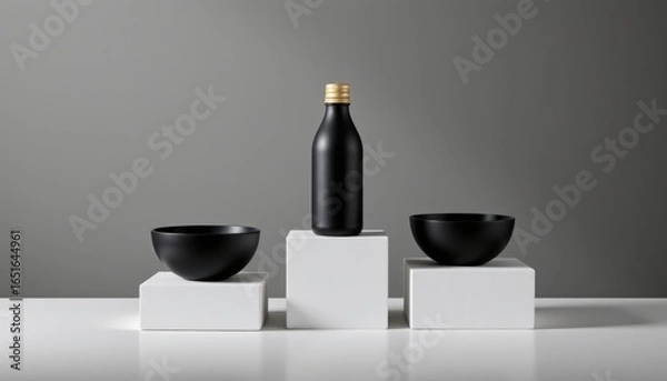 Fototapeta Minimalist Still Life with Black Bottle and Bowls