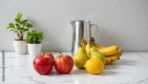 Fototapeta Minimalist Fresh Fruit Scene with Metallic Beverage Container