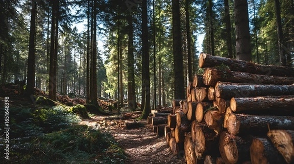 Obraz Pile of freshly cut logs in a sun-drenched forest clearing, representing logging industry, deforestation, forestry management, nature, timber and wood resources