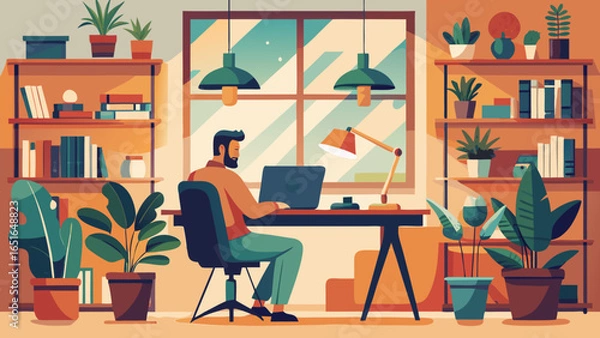 Fototapeta Illustration of a man working at a desk in a home office