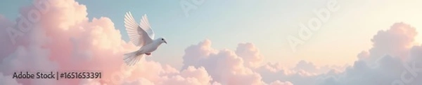 Fototapeta Serene white dove soars through soft pastel sky, fluffy clouds drift gently , calm, bright, flying