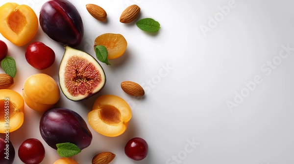 Fototapeta Flat lay of fresh stone fruits halves and nuts on clean white background