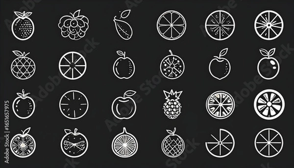 Fototapeta Line Drawn Assortment Of Various Fruits With Slices And Whole Fruits In White Over Black Background