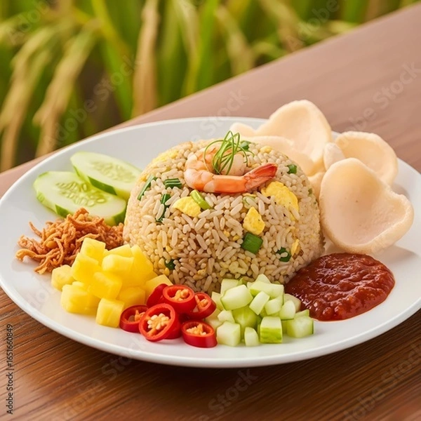 Obraz Indonesian Classic Fried Rice: A savory fried rice dish with pickles and crackers.