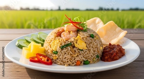 Obraz Indonesian Classic Fried Rice: A savory fried rice dish with pickles and crackers.