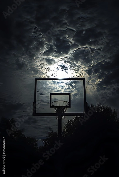 Fototapeta Silhouette of a basketball hoop against a dramatic cloudy sky, with a bright full moon peering through the dark clouds at night, evoking a somber mood.