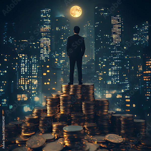 Fototapeta Man standing on a large pile of shining coins with a golden full moon glowing over a vibrant metropolis at night, symbolizing financial power and influence.