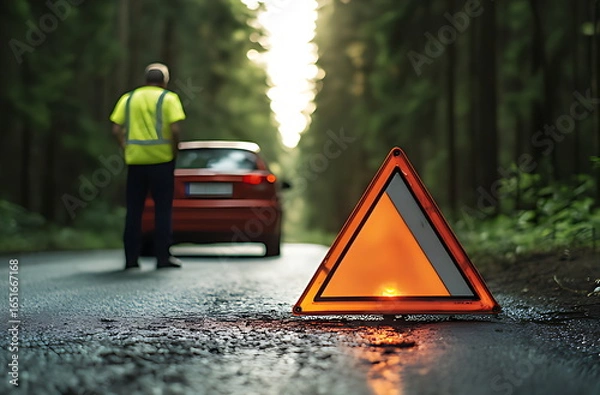 Fototapeta Reflective Warning Triangle on Forest Road with Person by Broken Car, Roadside Safety