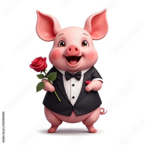 Fototapeta Delightful pig in tuxedo holding a rose