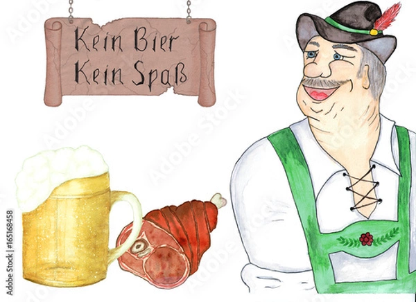 Obraz A man in a national Bavarian costume smiles. A large mug with beer and a national snack is a baked pork ham. The old cracked sign on the chains with the inscription in German: "No beer, no fun." Isola