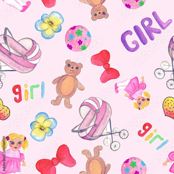 Obraz Seamless pattern with the image of toys for girls. Bright drawings are made in hand-made watercolors. Relying on pajamas, bed linen, children's clothes, textile products for children, gift wrapping.