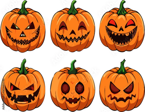 Obraz Halloween pumpkin faces vector set with scary, funny, and cute jack o lantern expressions isolated icons