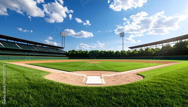Fototapeta Empty Baseball Field under Blue Cloudy Sky with Green Grass and Sunlight