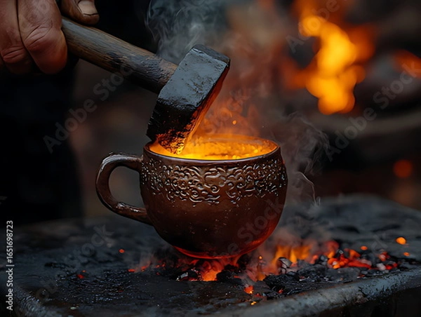 Fototapeta Close-up of a blacksmith's hand hammering a beautifully textured, glowing hot metal cup on a dark surface with fire visible.