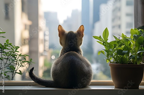 Fototapeta Curious dark cat sitting on a window sill with its back to the camera, looking at the urban city view.
