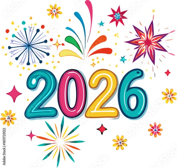 Obraz Happy New Year fireworks celebration vector with colorful night sky, glowing stars, sparkles and festive 2026