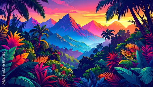 Fototapeta Pixelated Mountain Range Landscape at Sunset with Lush Tropical Vegetation in a Vibrant Color Palette