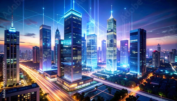 Fototapeta Dynamic Cityscape At Night Featuring Illuminated Skyscrapers Connected By Digital Lines Across A Vivid Sky