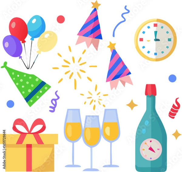 Obraz New Year party icons vector pack with champagne glasses, balloons, gift box, fireworks, confetti and party hat