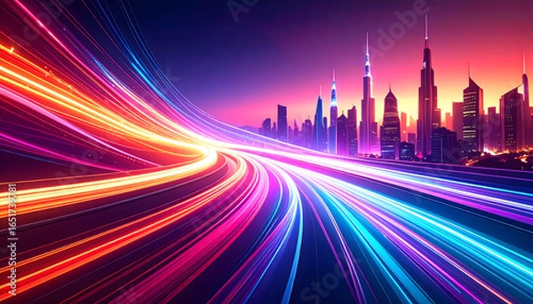 Fototapeta Abstract Digital Artwork of a Cityscape at Night with Neon Light Trails and Urban Modern Architecture