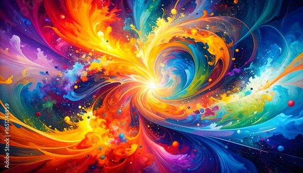 Fototapeta Abstract explosion of vibrant colors radiating from a central point with dynamic swirls and energy