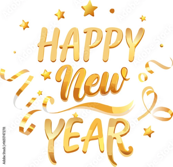 Obraz Golden Happy New Year 2026 typography vector with sparkling stars, ribbons, confetti and luxury festive decoration