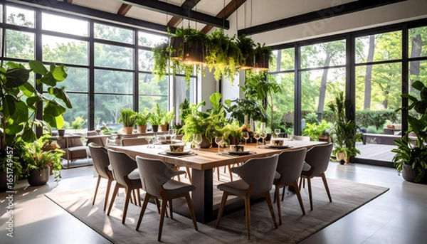 Fototapeta Elegant Dining Room Interior Featuring Green Plants Large Windows and Natural Light with Wooden Table and Modern Chairs