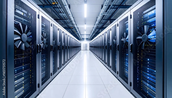 Fototapeta Symmetrical Perspective Of A Server Room With Rows Of Racks And Cooling Fans Illuminated In Blue Light