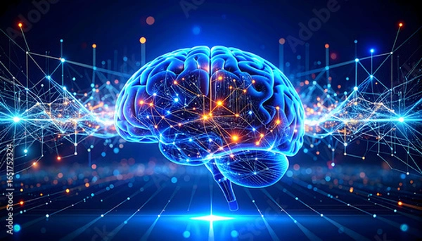 Fototapeta Digital Rendering of a Glowing Blue Brain with Connected Neurons and Futuristic Technological Network on Dark Background