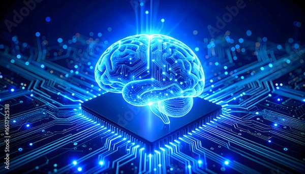 Fototapeta Illuminated Blue Brain Shape Centered Above Processor Chip With Circuitry Lines Technology Concept
